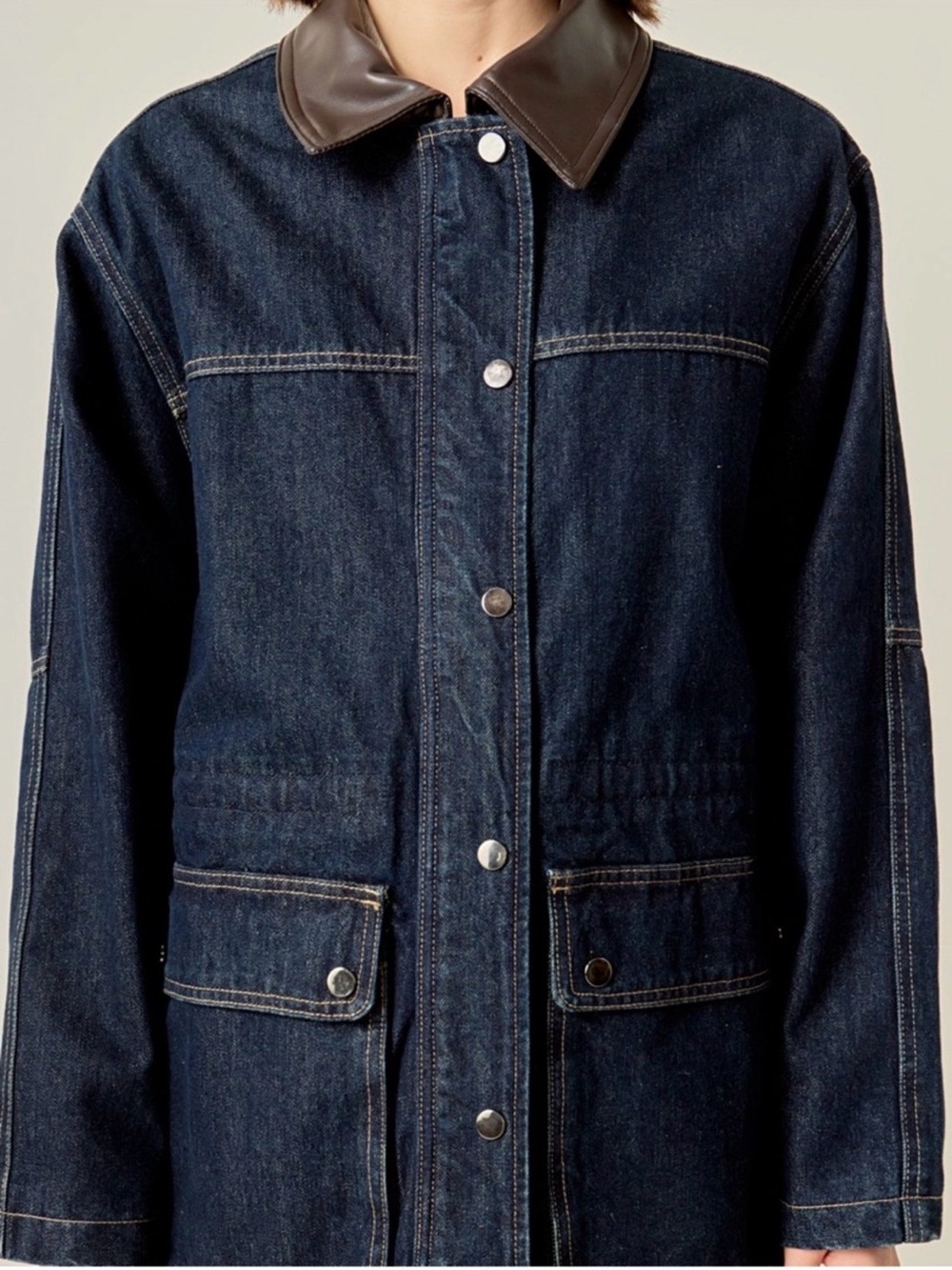 Dark Blue Denim Utility Jacket with Brown leather Collar